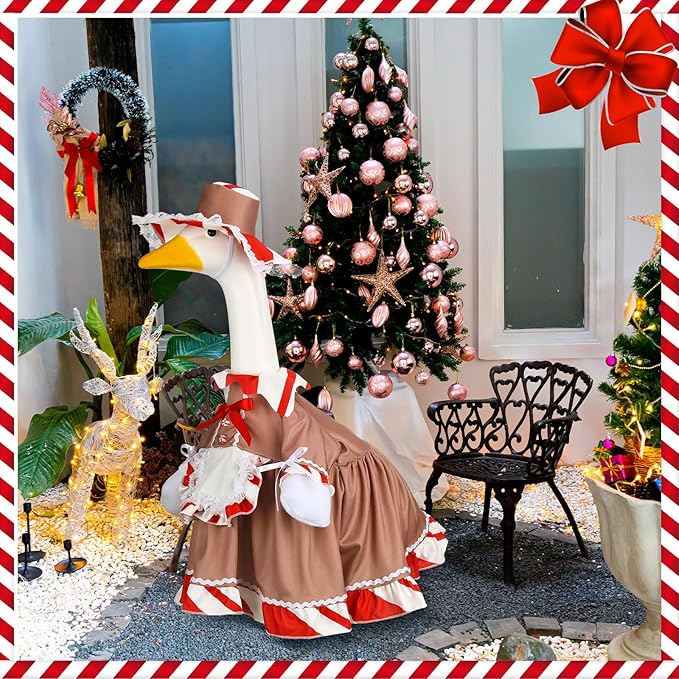 Christmas Gingerbread Porch Goose Outfit 23 Inch Red White Candy Goose Clothes for Cement or Plastic Geese Costume for Yard Lawn Garden Patio Outdoor Concrete Santa Duck Statue Dresses Holiday Decor
