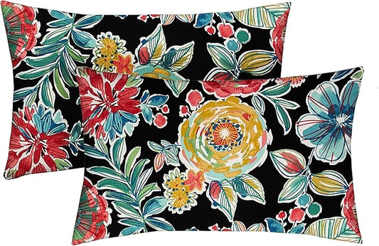 RSH DECOR: Lumbar Throw Pillows Set of 2 | 20” x 12" | All-Weather Spun Fabric | Water and Fade-Resistant | Outdoor Support Pillows for Patio Furniture | Colsen Noir