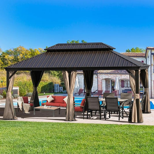 Domi Outdoor Living 12’ X 18’ Hardtop Gazebo, Outdoor Aluminum Frame Canopy with Galvanized Steel Double Roof, Outdoor Permanent Metal Pavilion with Curtains and Netting for Patio, Backyard and Lawn