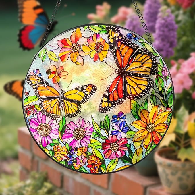 Suncatcher Stained Glass Window Hanging - Butterfly Glass Panel with Metal Chain and Hooks Handmade Sun Catcher Decoration for Window Garden Home Christmas & Birthday Gifts (8 Inch)