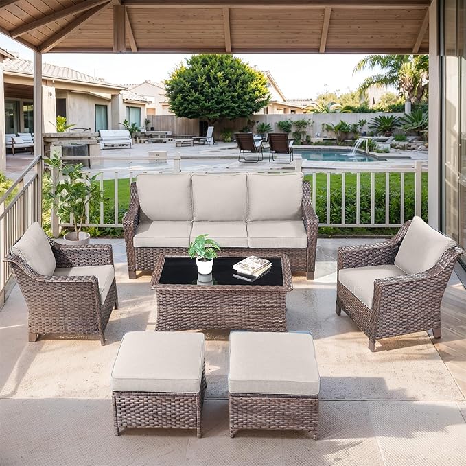 6 Pieces Outdoor Patio Furniture-High Back Rattan Wicker Couch with Outdoor Chairs Patio Conversation Sets for Porch Garden Backyard Poolside-Brown/Beige