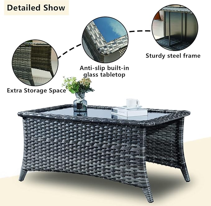 Rilyson 6 Piece Outdoor Patio Furniture Set - Rattan Wicker Patio Conversation Sets with 2 Swivel Rocker Chairs,2 Ottomans,1 Loveseat and 1 Coffee Table for Outside Porch Deck Yard(Mixed Grey/Blue)