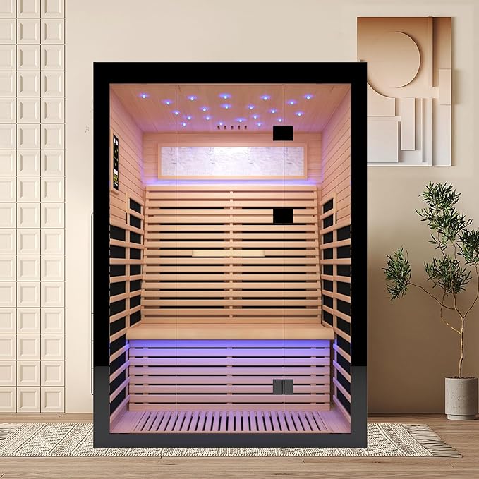 Sauna Infrared Far Infrared Sauna for Home 2 person Sauna with Hemlock Wood 2160W Dry Sauna for Home 2 Person Infrared Sauna Low EMF Indoor Sauna for Two Person in Home Sauna with Bluetooth Speakers