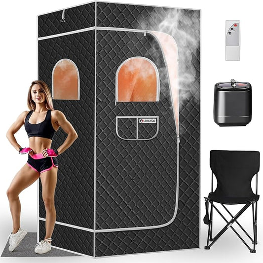 Portable Sauna for Home, Large 3L Steamer Max 140℉ Full Body Steam Sauna Tent with Remote Control, 9 Levels 7-Min Quick Heat Folding Chair Waterproof Mat, 5.9 * 2.92 * 2.95 ft (Black)
