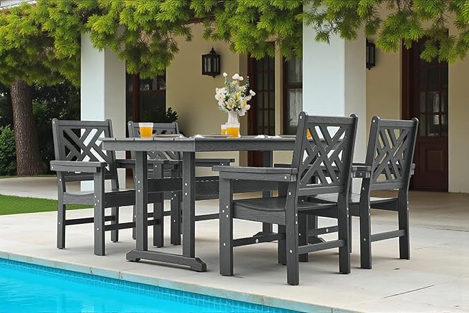 5 Piece HDPE Outdoor Dining Set for 4 Patio Dining Furniture Set with Umberlla Hole, Weather Resistent Outdoor Table and Chairs for Garden, Poolside, Backyard, Deck, Grey
