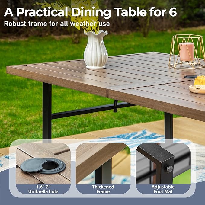7 Piece Patio Dining Set for 6, 64”Rectangular Wood-Like Dining Table with Umbrella Hole, 6 Metal Red Chairs, Outdoor Table and Chairs Set for Lawn Backyard and Deck