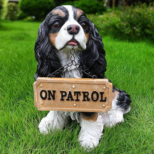 Cavalier King Charles Spaniel Outdoor Dog Statue with Reversible “Welcome/ON Patrol” Hanging Plaque and Solar Porch Lantern, Black & White Sitting