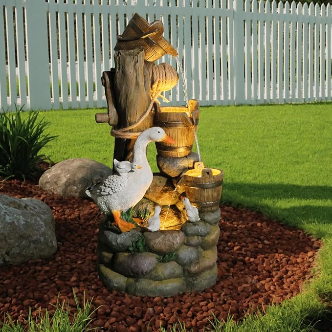 4-Tiers Cascading Outdoor Water Fountain, 31.9'' Tall Duck & Wooden Bucket Stump Waterfall Garden Fountains with LED Lights & Pump Water Feature Resin for Patio, Deck, Yard, Home Decor