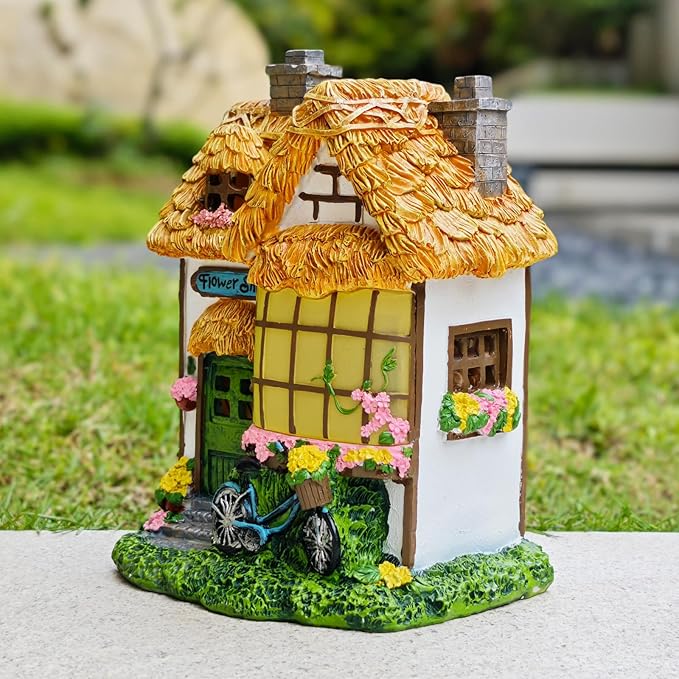 Prospect Thatched Cottage, Solar Statue Lights Mushroom Fairy House, Garden House Statues, Outdoor Memorial Ornaments Waterproof Decoration for Outside Patio Yard Lawn Decor