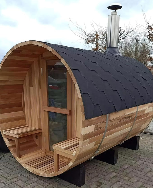 Customize Wood Burning Sauna 4-8 Person, Outdoor Canadian Red Cedar Barrel Sauna with Porch, Glass Window Option, Scenic Porch, Wood Stove, Luxurious Texture