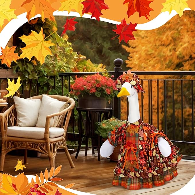 Suzile Autumn Goose Outfit Fall Maple Dresses Clothes for 23" High Cement or Plastic Porch Goose Costume for Yard Lawn Outdoor Garden Patio Statue Thanksgiving Party Xmas Holiday Decor