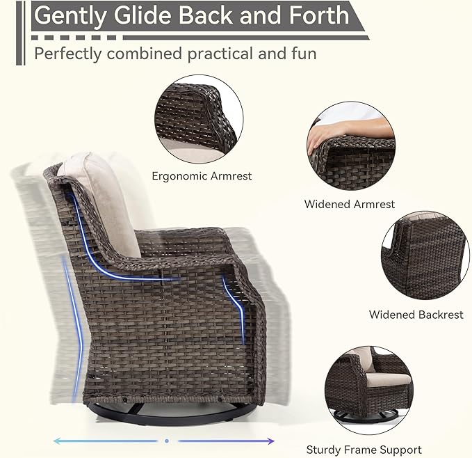 5-Piece Patio Wicker Conversation Set with Fire Pit, Furniture Set Includes 2 Swivel Rocker Chair and 2 Armchair, Cushion Beige