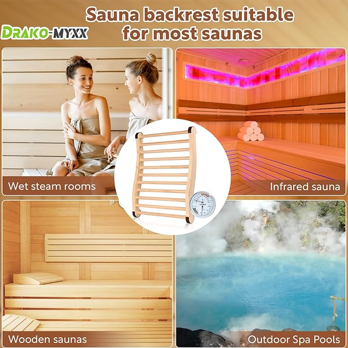 Upgraded Sauna Backrest Sauna Accessories, S-Shaped Design with Non-Slip Pads, Handmade Infrared Sauna Kit, 2 in 1 Thermometer Hygrometer (Fahrenheit) Temperature: 70-250°F, Humidity: 0-100%