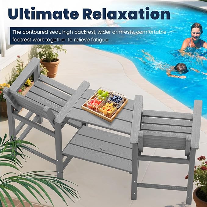 Tall Adirondack Chairs Set of 2, All Weather HDPE Poly Bar Height Balcony Adirondack Chair with Removable Double Connecting Trays, Outdoor Adirondack Barstools for Deck, Patio, Yard, Pool, Lawn