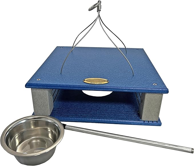 DutchCrafters Poly Gilbertson Large Covered Blue Bird Feeders for Outdoors Hanging, Bluebird Feeder for Mealworms - Amish USA Made (Bright Blue & Light Gray)