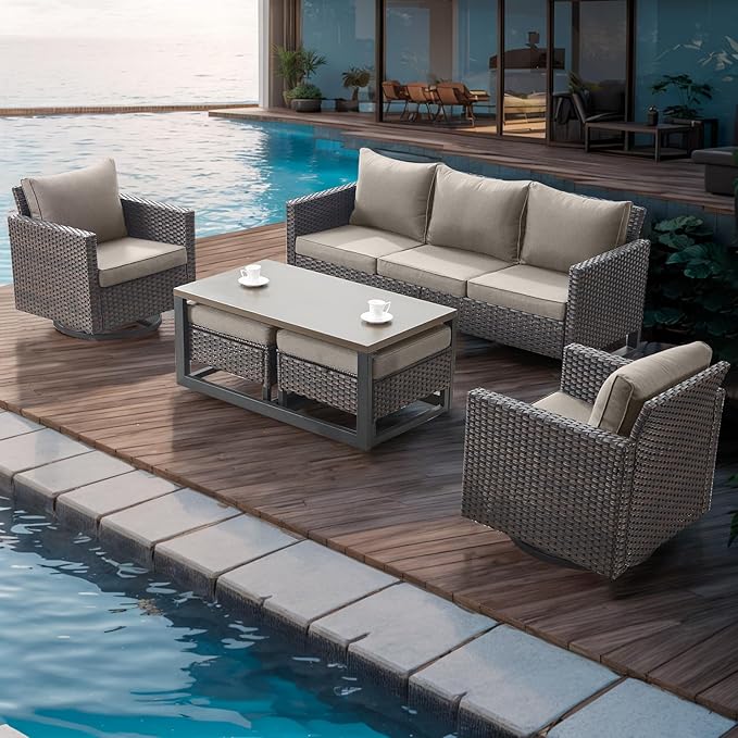 Rilyson Wicker Outdoor Patio Furniture Set - 6 Piece Patio Conversation Set with 2 Swivel Rocker Chairs,2 Rattan Ottoman,1 Couch and 1 Metal Coffee Table for Outside Porch Deck Backyard(Brown/Grey)
