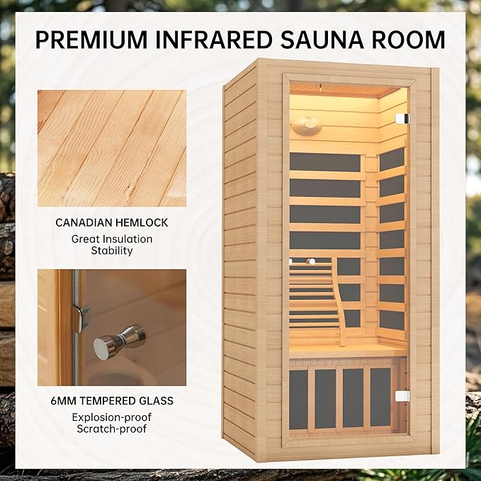 springspa Far Infrared Sauna 1 Person Indoor Sauna Spa Room, Canadian Hemlock Wooden Infrared Saunas for Home with Low Emf Lighting, Bluetooth Speakers, LCD Control Panel, 9 Chromotherapy