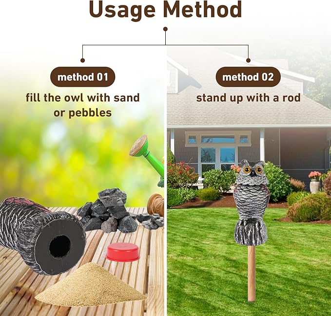 Owl Decoys to Scare Birds Away, 2 Pack BobbleHead Fake Owls Plastic Scarecrow Bird Deterrent, Nature Enemy Scarecrow Plastic Owl Statues, Garden Decor Statues for outside, Patio, Lawn, Yard Decoration