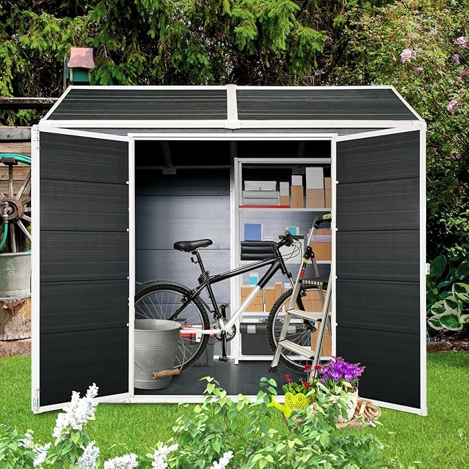 Outdoor Storage Shed with Two-Window and Double-Door, Resin Storage Shed with Lockable Door, Plastic Shed with Floor for Gargen, Patio, Yard, Lawn (Black, 8 x 4 FT)