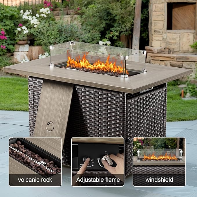 Wicker Outdoor Conversation Se with 50,000 BTU Gas Propane Fire Pit Tablet-7 Pieces Outdoor Wicker High Back Couch Patio Furniture for Deck Poolside Backyard