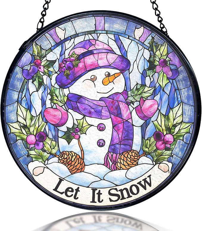 kdqua Christmas Snowman Suncatcher Stained Glass Window Hanging, Let It Snow Winter Snowman Sun Catchers Indoor Window Glass Round Wall Decor, Christmas Wall Art Hanging Decorations Statues, 7.9x7.9in