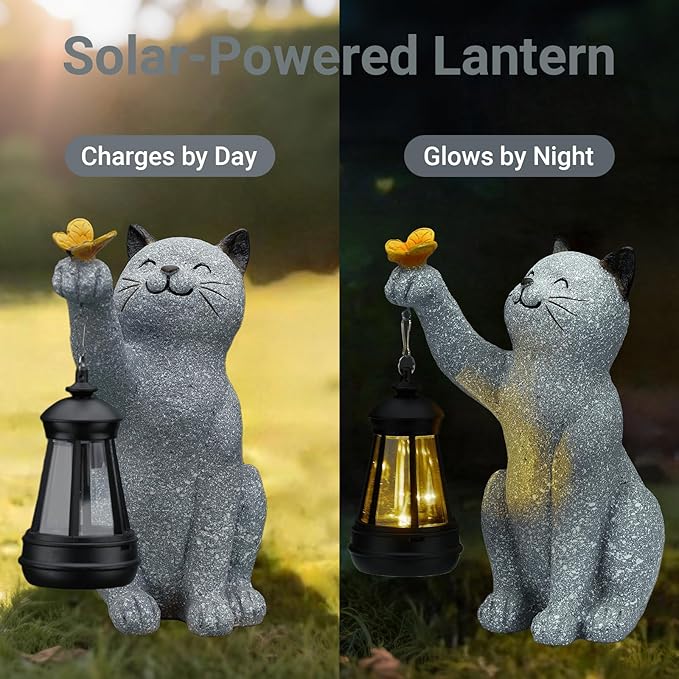 Solar Cat Garden Statue Outdoor Decor, Cat Sculpture with Lantern and Butterfly for Yard Lawn Patio Balcony, Christmas, Birthday Housewarming Gifts for Mom, Grandma, Women, 9.4 inch, Resin