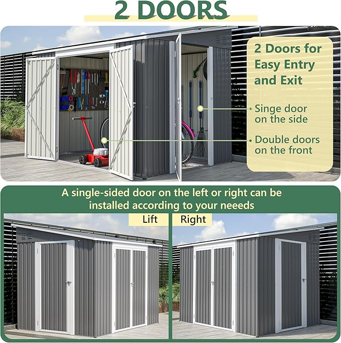 8x6 FT Outdoor Storage Shed W/Adjustable Lockable Double Side Doors,Metal Shed W/Floor Frame & 2 Air Vents,Garden Tool House W/Updated Frame Structure,for Backyard Patio Lawn,Gray