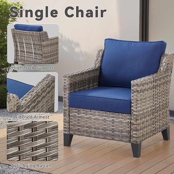 Patio Furniture Set, 5 Pieces Outdoor Wicker Rattan Sofa Couch with Rattan Chair, Ottomans and Comfy Cushions, All Weather Patio Conversation Sets, Suit for Porch Deck Garden
