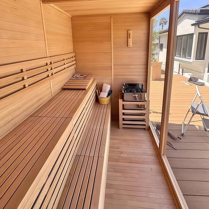 Customize Wood Burning Sauna 3-8 Person, Outdoor Red Cedar Steam Saunas, ETL Harvia Heater, Glass Wall Saunas, 220V, Rectangle Sauna Room with Backrest Headrest, Waterproofing System(0-195℉)