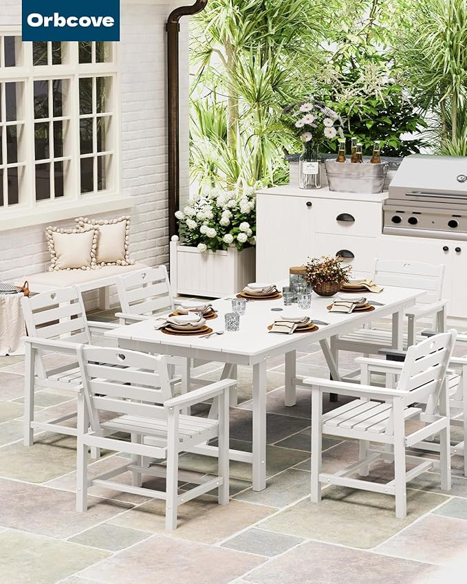 Patio Table and Chairs Set with Umbrella Hole, HDPE Patio Dining Set for 6, Outdoor Dining Set for Lawn, Patio, Porch, Deck, Poolside, Yard (White, 7-Piece)