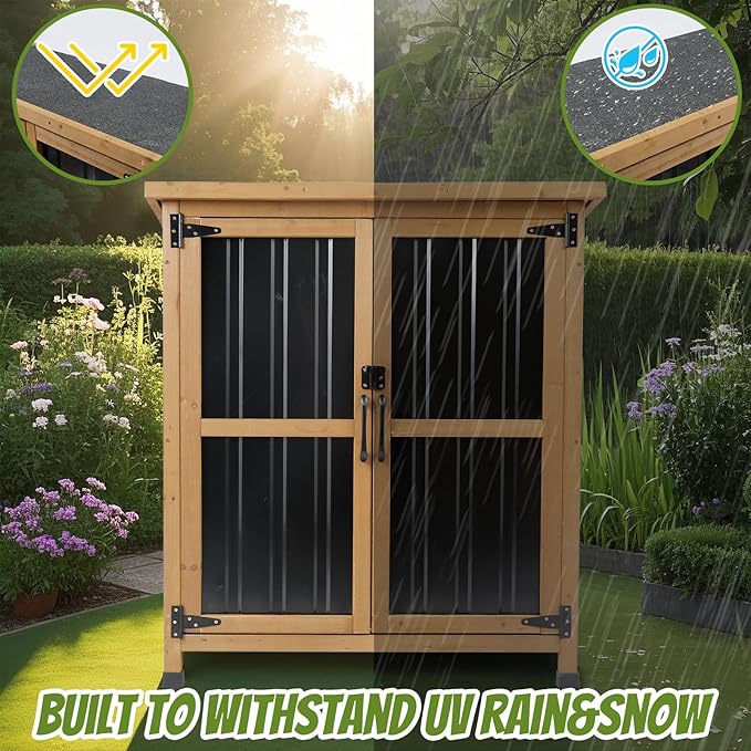 Outdoor Storage Cabinet, Small Wood & Metal Storage Shed with Lockable Doors & Adjustable Shelves, Vertical Outdoor Cabinets for Patio Backyard,Garden Tool Shed and Accessories, Brown
