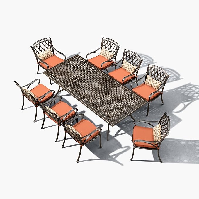 PURPLE LEAF 9 Pieces Patio Dining Sets Cast Aluminum Furniture with Rectangular Table for Lawn Garden Backyard Deck Outdoor Dining Sets with Cushions and Pillows, Rhombic Brick Red