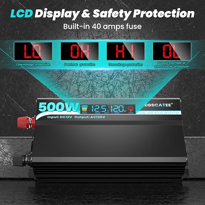 500W Pure Sine Wave Inverter - 12V DC to 110V/120V AC Car Power Converter with 2 AC Outlets, USB Port, Type-C Port, LCD Display Power Inverter for Car, Truck, Home, Vehicles, Laptop