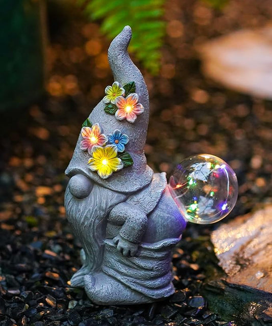 Funny Garden Gnome Statue with Lights, Outdoor Sculpture Decor for Home Yard Lawn Porch Balcony Patio,Gardening Gifts for Women Mom Grandma