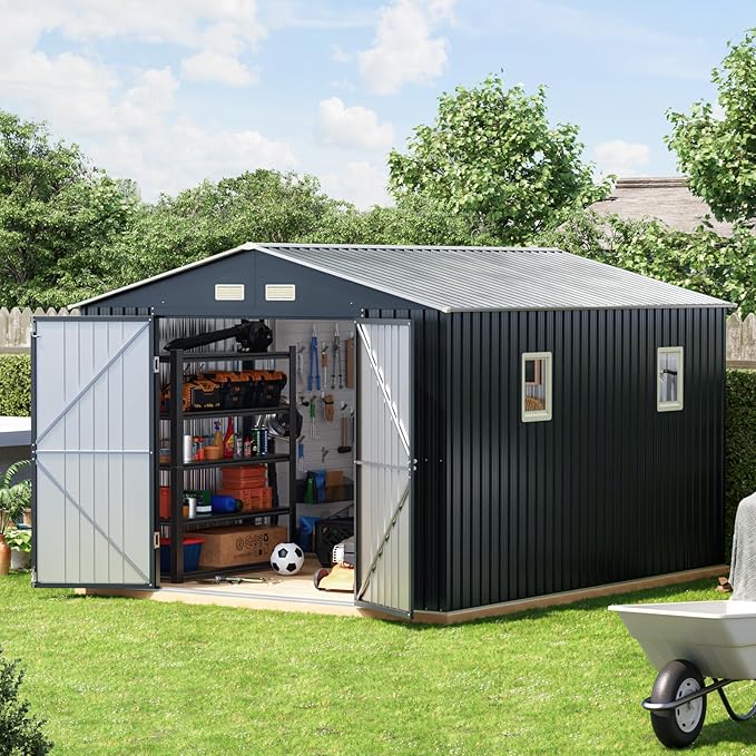 10x10 FT Outdoor Metal Storage Shed with Floor Frame, Double Swing Doors, 2 Clear Windows,Tool Shed for Garden, Patio, Backyard Nightblue