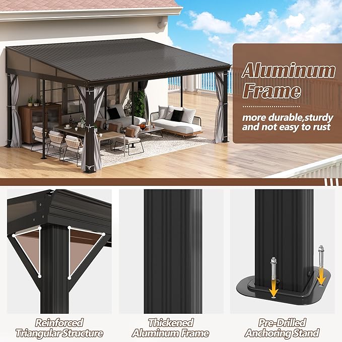 12' x 16' Hardtop Wall Mounted Gazebo, Lean to Gazebo with Galvanized Steel Roof Aluminum Frame Wall Gazebos Pergola with Netting&Curtains for Outdoor, Backyard, Patio