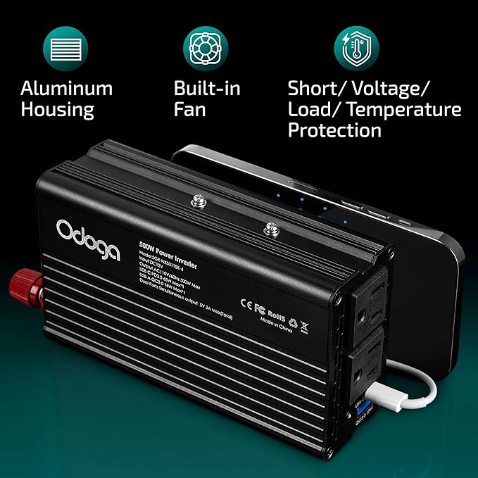 500W Car Power Inverter 12v to 110v – Car Adapter for Plug Outlet, DC to AC Converter, USB/USB-C Fast Charger for Laptop, Phone, Dual AC – for Vehicle, Pickup Truck, Roadtrip, Camping by Odoga