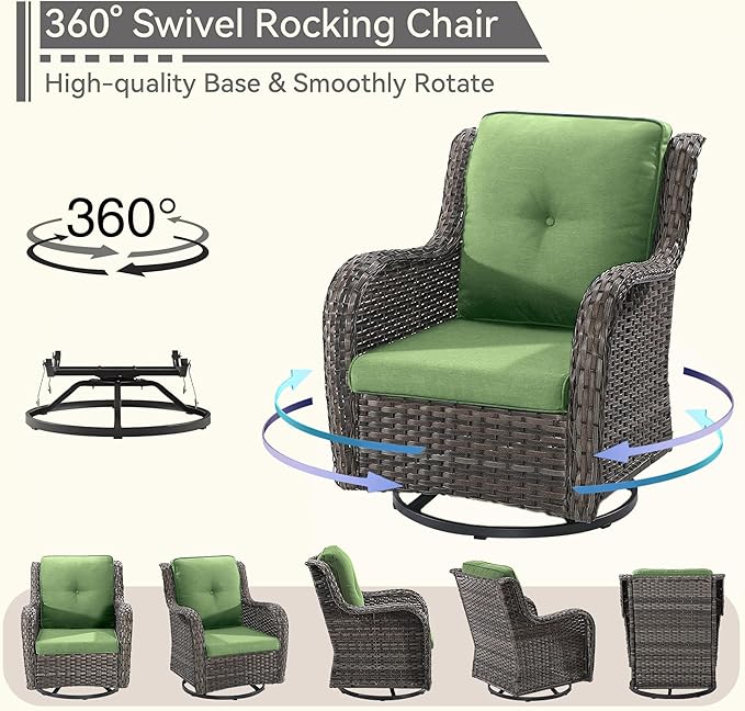3 Pieces Outdoor Furniture Set - Patio Wicker Swivel Rocker Chair Set of 2 and 1 Side Table, Green, Mixed Brown Rattan, Suitable for Porch, Yard