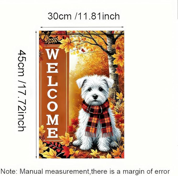 Thanksgiving Fall Garden Flag 12x18 Inch Welcome West Highland White Terrier Dog Outdoor Flag Double Sided Autumn Yard Banner with Plaid Scarf and Leaves Decor for Porch Lawn Patio