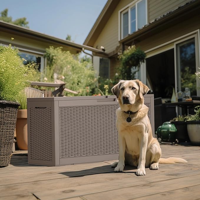 ROJIK Outdoor Storage Housing Deck Box - Waterproof Patio Furniture, Garden Tools, Cushions, Pool Accessories Storage Bench with Lockable Lid and Side Handles (Grey 100 Gal)