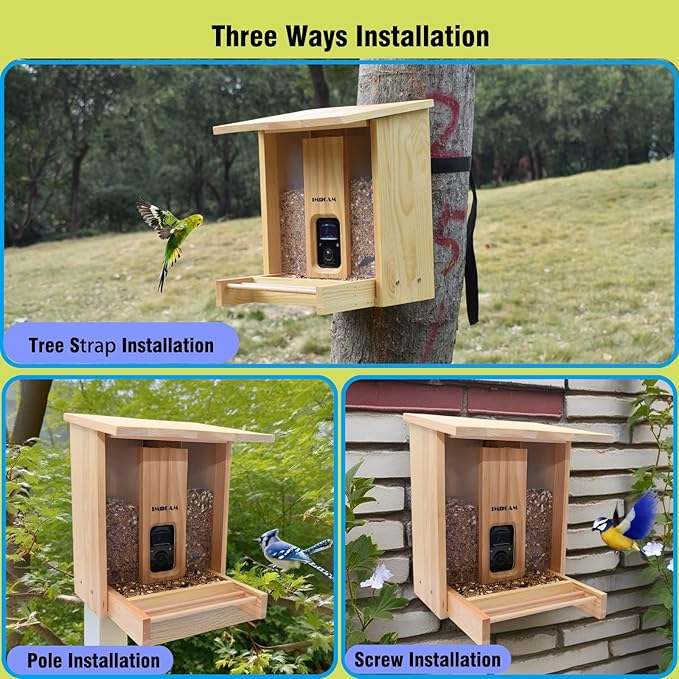 Smart Wooden Bird Feeder with Camera-Solar Power,Bird AI Identifier,1080p HD,5200mAh Battery,3.5L Extra Large,Twin Seed Bins