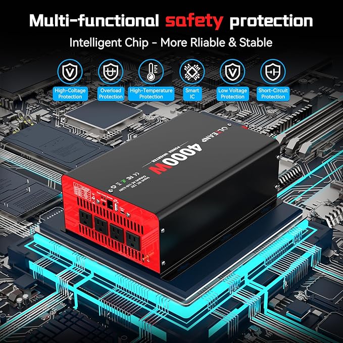 4000 Watt Power Inverter 12V DC to 110V AC Car Inverter with 4 AC Outlets, 30W Type-C Port, 3.1A USB Port, Remote Controller on LCD Screen, Peak 8000W Car Converter for Truck,Vehicles,Trip