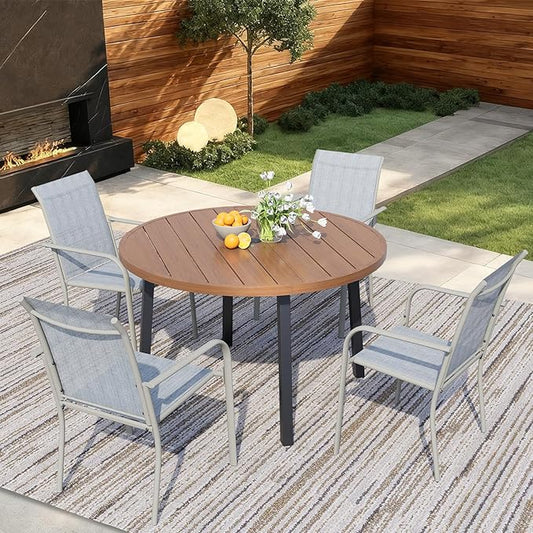 5 Pieces Round Dining Table Set for 4, Patio Dining Set Includes 4 Beige Blue Stackable Patio Chairs and 1 Walnut Round Table, Patio Furniture Sets with Sling Support for Outside, Garden