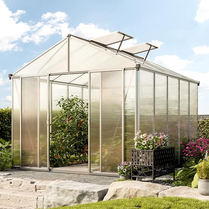 Greenhouse Rubin 5 Aluminum Frame 8.6 x 10.5 ft with Approx. 10 mm Polycarbonate Panels - with 2 Extra Skylights and 4 Automatic Window Openers