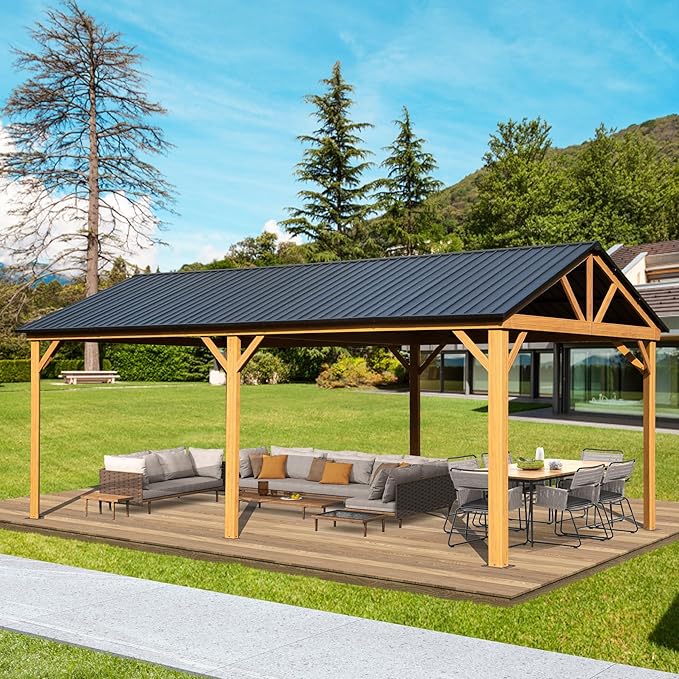 Domi 12' X 20' Hardtop Gazebo with Galvanized Steel Gable Roof and Wood Grain Aluminum Frame, Outdoor Permanent Gazebo Pavilion for Patio, Garden, Deck, Backyard