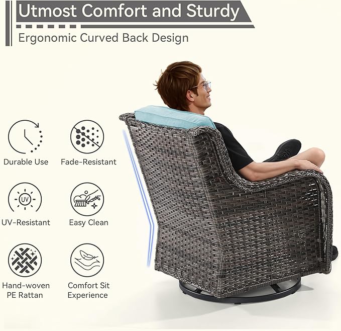6 Pieces Outdoor Furniture Set - Patio Wicker Swivel Rocker Chair Set of 4 and 2 Side Table, Light Blue, Mixed Brown Rattan, Suitable for Porch, Yard