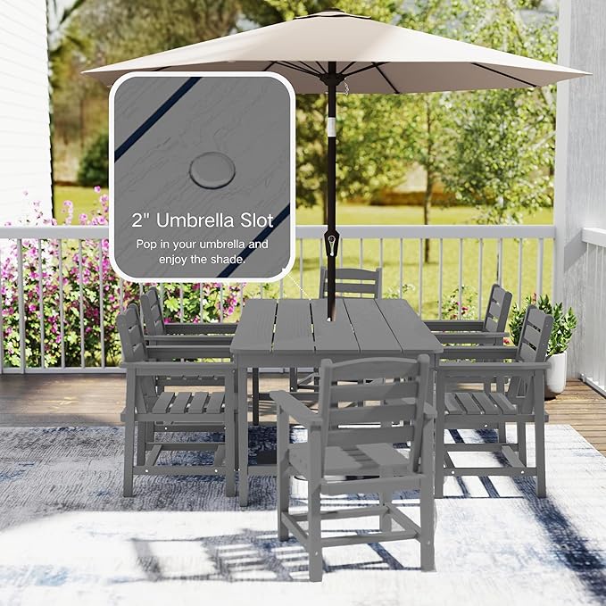 7 Piece Patio Dining Set with 11ft Patio Umbrella (Yellow), 7 Gray Outdoor HDPE Dining Set with 6 Chairs + 1 Large Table with 2" Umbrella Hole, for Market, Pool, Garden, Backyard, Deck