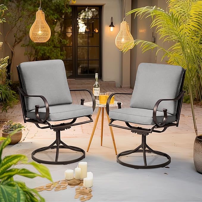 MELLCOM Patio Swivel Chair Set of 2, Heavy Duty Outdoor Dining Chairs with Thickened Cushions, Metal Patio Chairs Gentle Rocker for Outside, Garden Lawn & Porch, Backyard, Grey