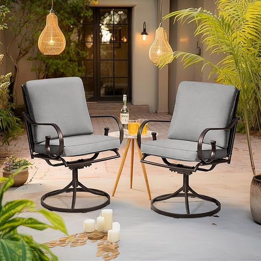 MELLCOM Patio Swivel Chair Set of 2, Heavy Duty Outdoor Dining Chairs with Thickened Cushions, Metal Patio Chairs Gentle Rocker for Outside, Garden Lawn & Porch, Backyard, Grey