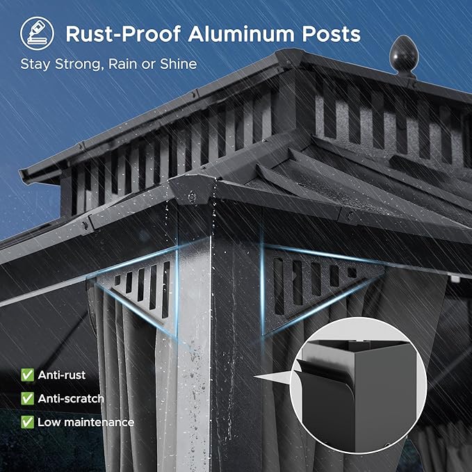SUNJOY Kingston 14' x 12' Hardtop Gazebo with Galvanized Steel Double Roof, Curtain and Netting, Gray Aluminum Posts Permanent Pavilion Gazebo for Garden, Patio, Deck, Lawn